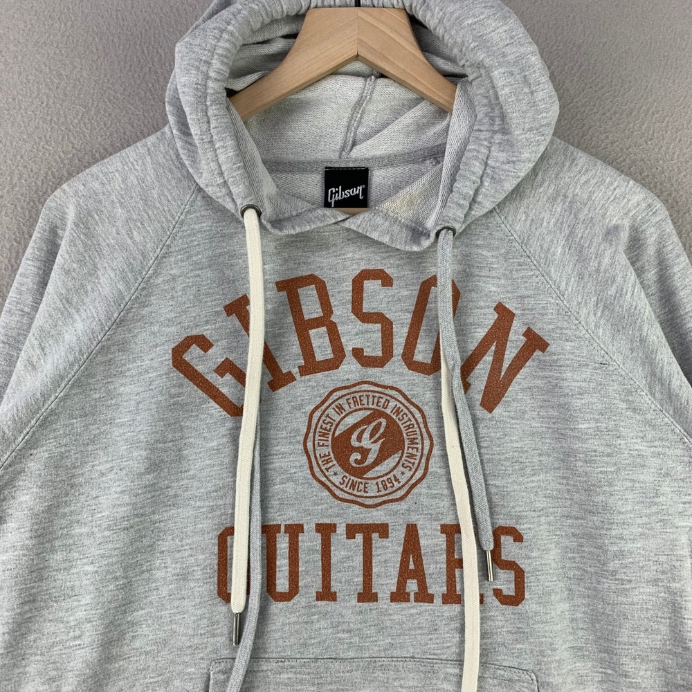 Gibson Guitars Graphic Hoodie Mens Medium Gray Raglan Music Logo Terry Pullover